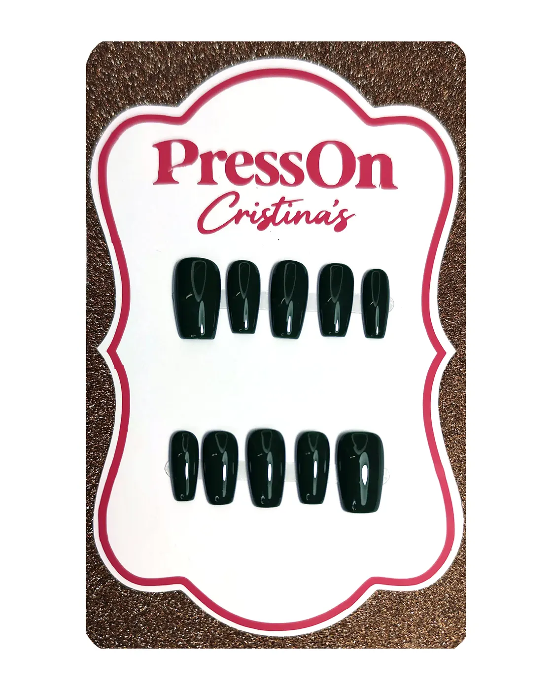 Uñas postizas coffin lisas en verde botella, con acabado brillante, sobre cartulina PressOn Cristina's, vista frontal